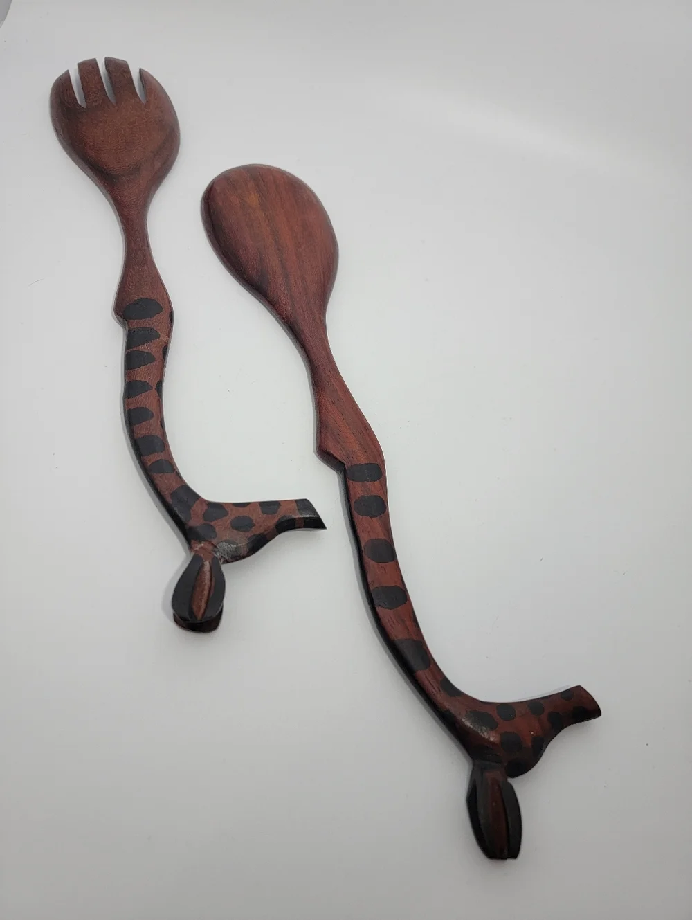 African Theme Carved Giraffe Salad Servers Vintage Utensils Safari Hand Painted